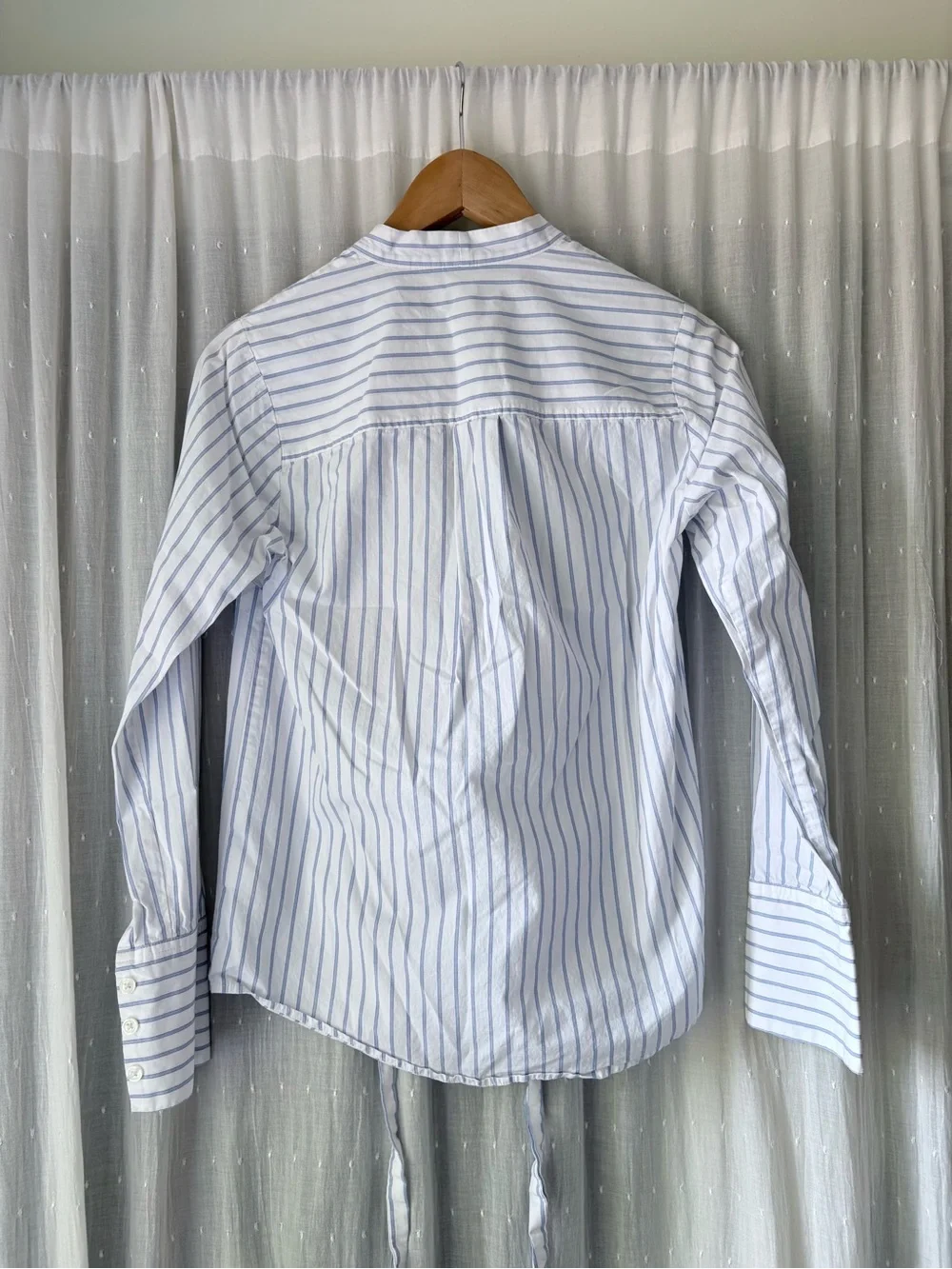 Michael Kors Light Blue and White Striped Tie-Neck Blouse